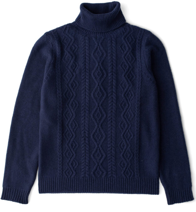 Navy Italian Wool And Cashmere Aran Turtleneck Sweater By Proper Cloth