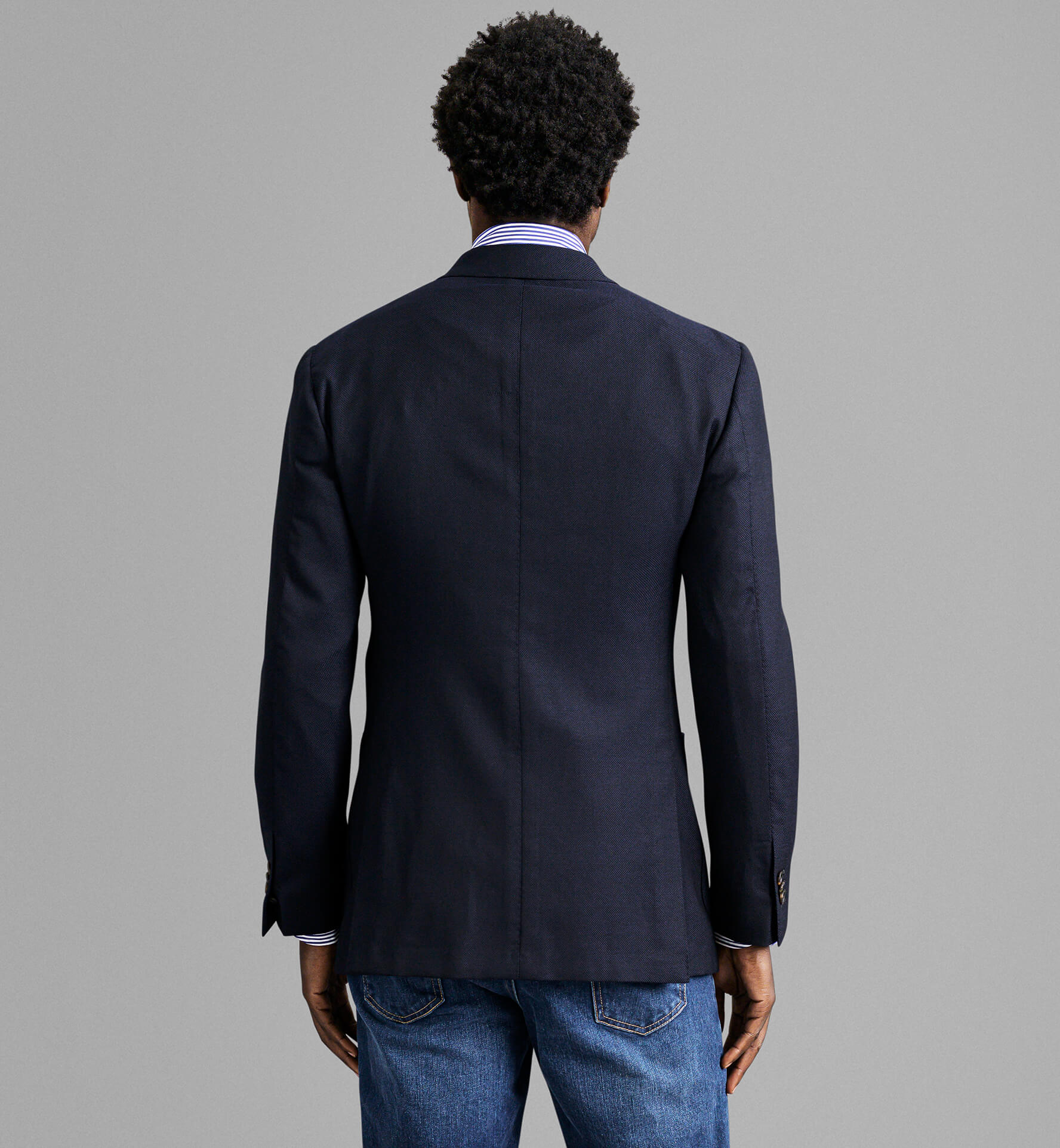 Bedford Navy Wool Hopsack Double Breasted Jacket Custom Fit Tailored