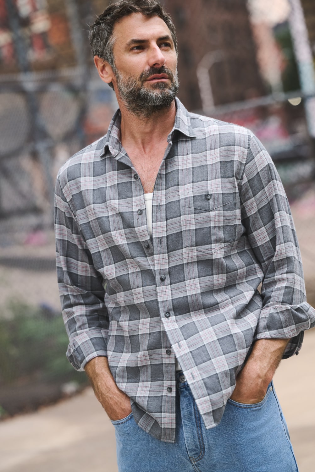 Detail photo showing angular design details of the Satoyama flannel shirt