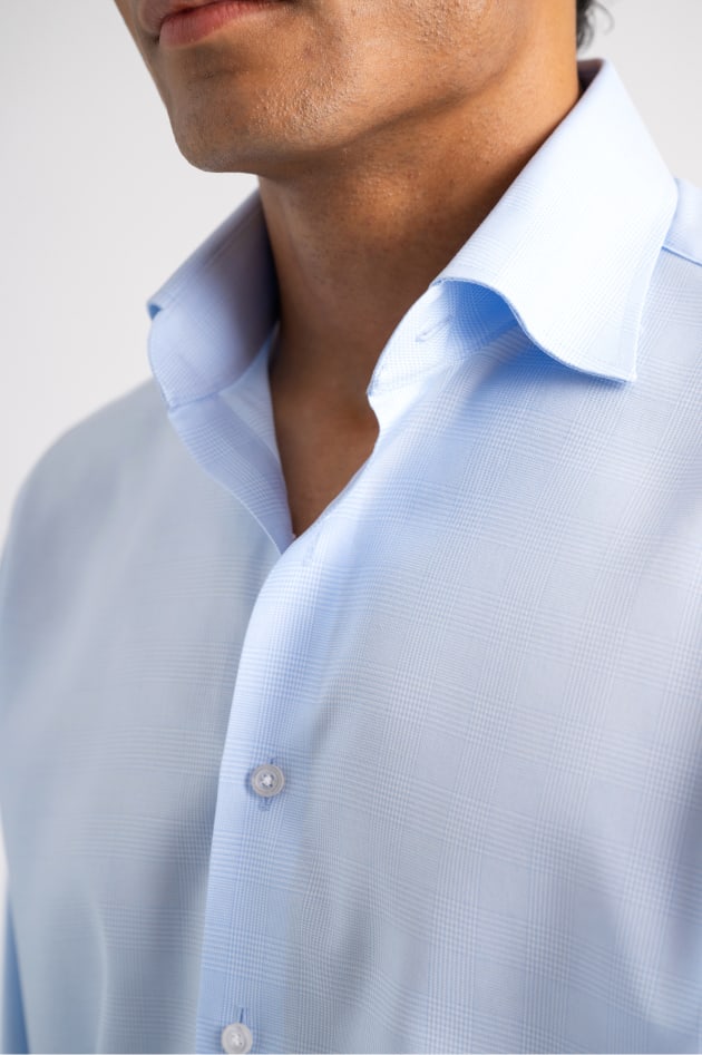 Closeup photo of collar of a custom non-iron shirt.