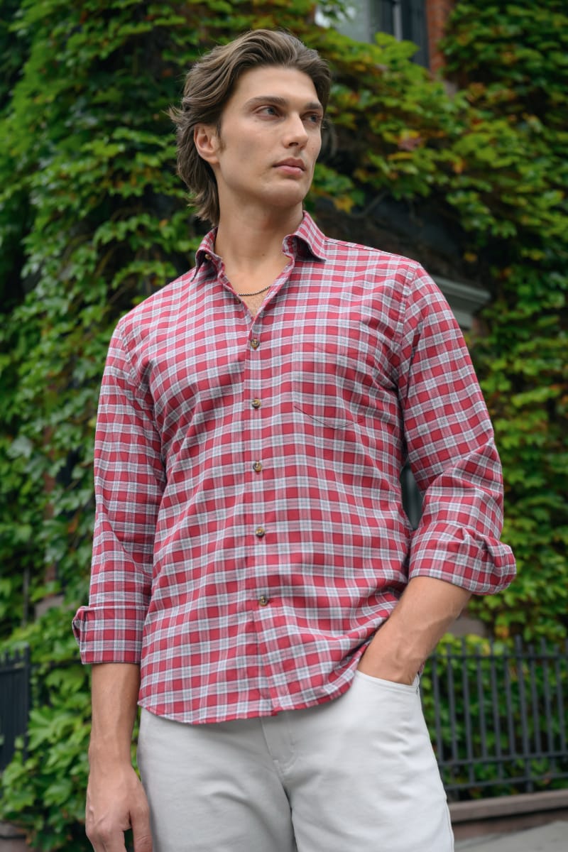 Closeup photo of collar of a custom non-iron shirt.