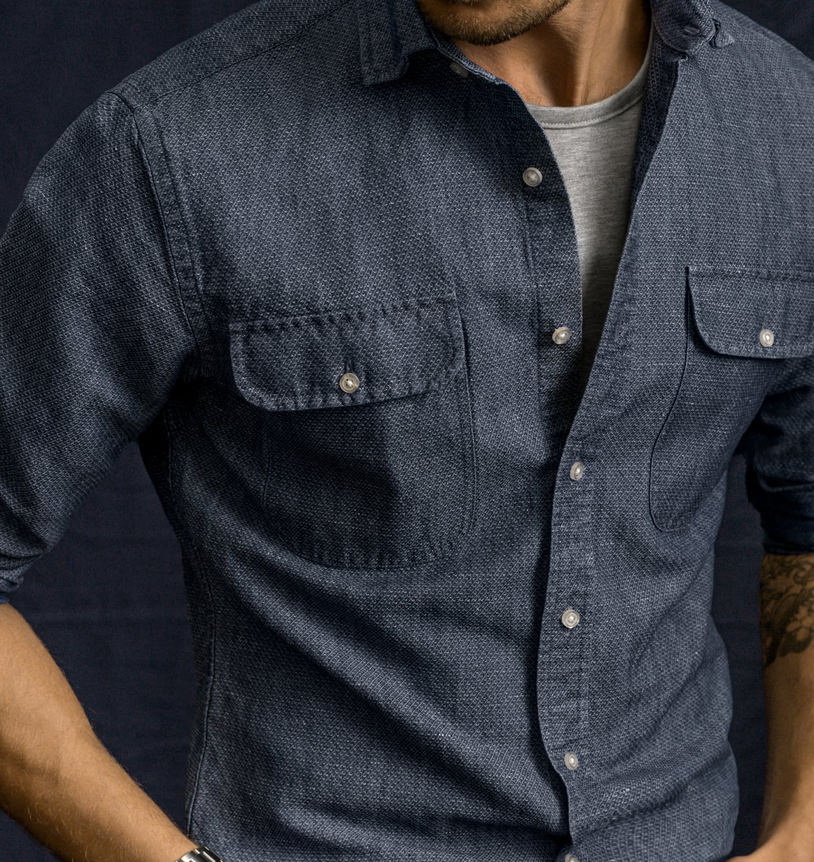 Closeup image of garment washed custom indigo shirt