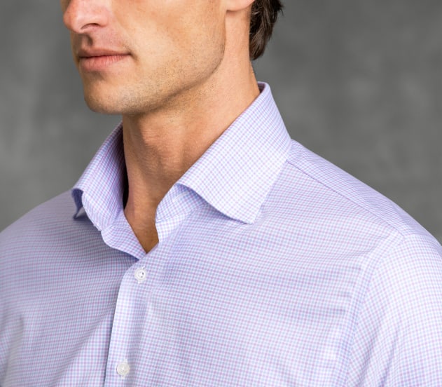 The Multi-Check Shirt Detail of Non-Iron Supima Lavender and Blue Multi Gingham