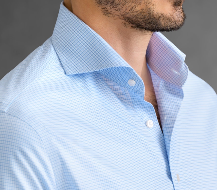 The Cutaway Shirt Shirt Detail of Non-Iron Supima Blue and Light Blue Houndstooth Cutaway