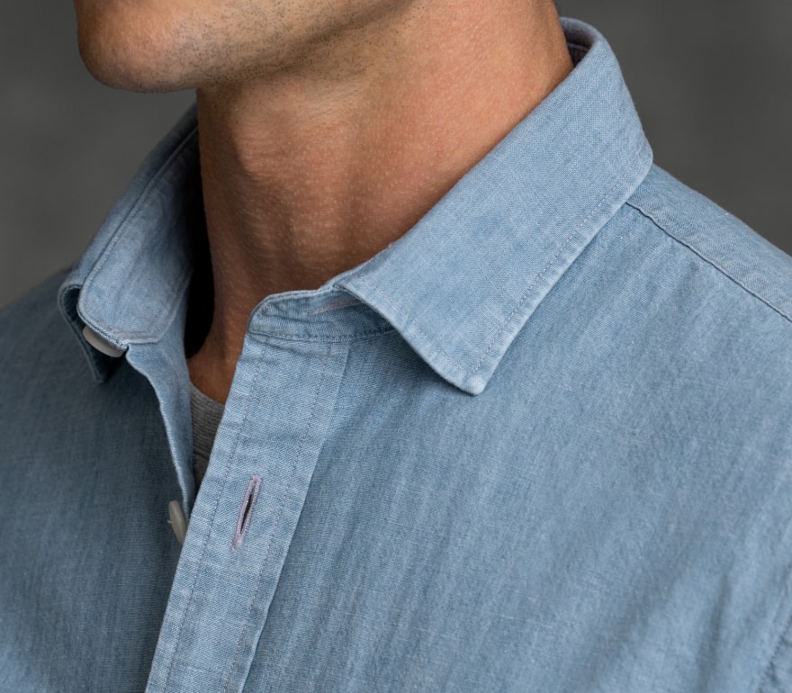 The Chambray Utility Shirt Shirt Detail of Light Wash Slub Indigo Chambray