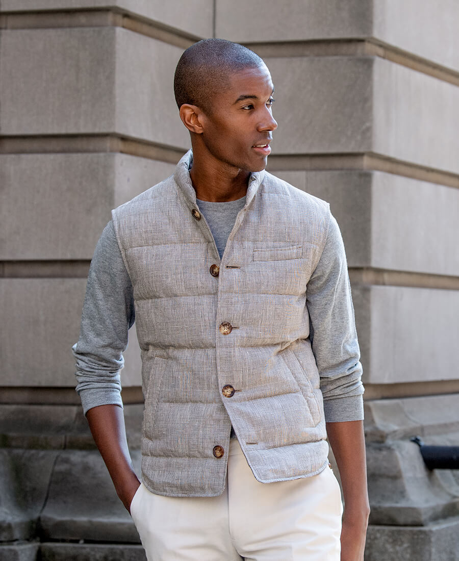 Beige Wool and Linen Glen Plaid Button Vest