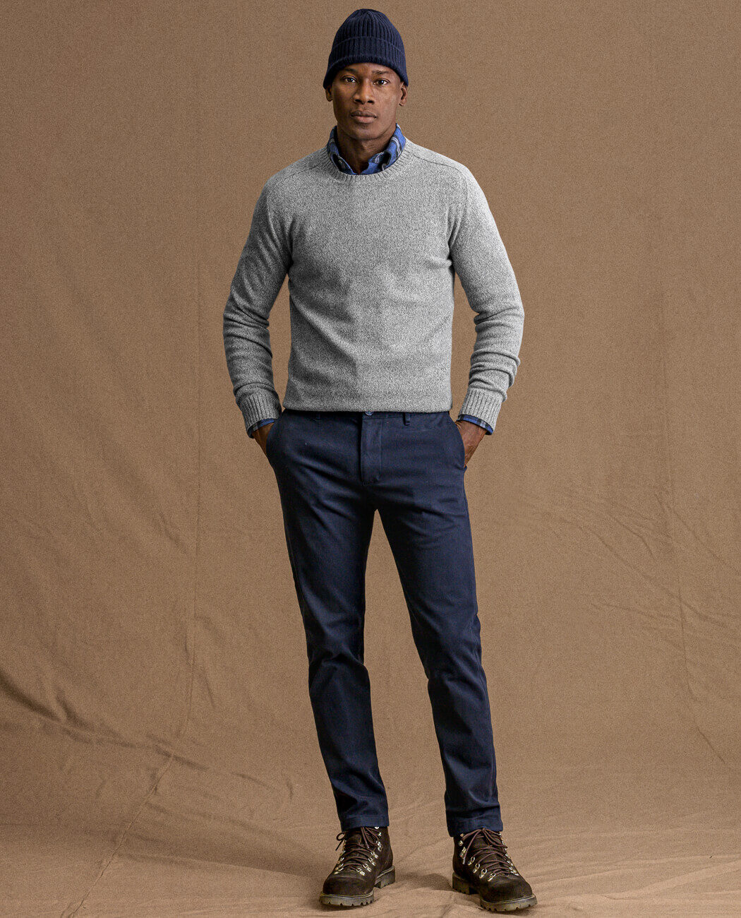 gray sweater blue pants