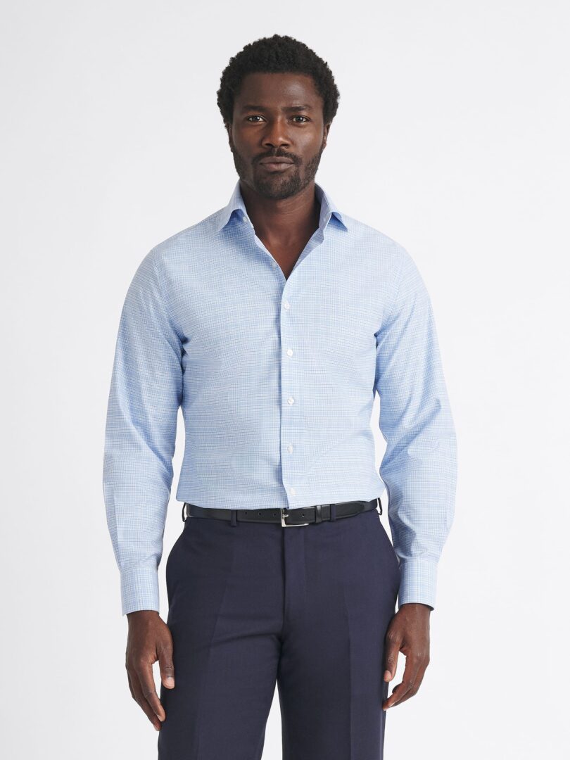 Thomas Mason Non-Iron Light Blue and Navy Multi Check Thumb Detail
