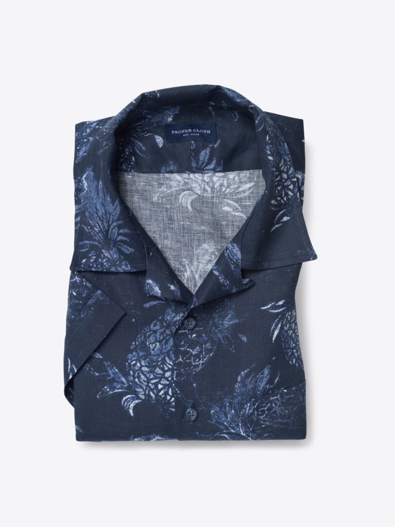 Albini Navy Pineapple Print Linen 