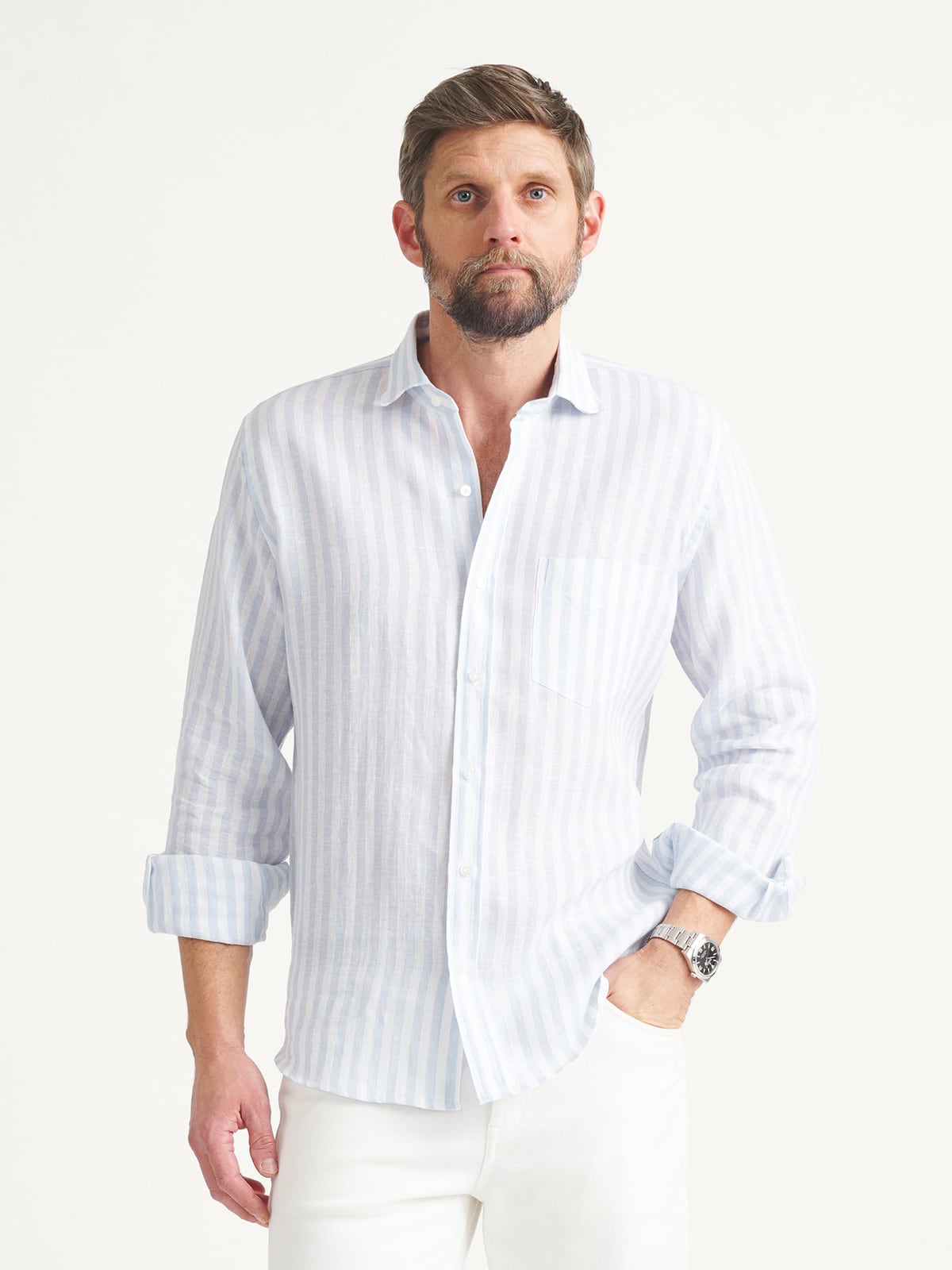 The Irish Linen Casual Shirt in Light Blue Wide Stripe