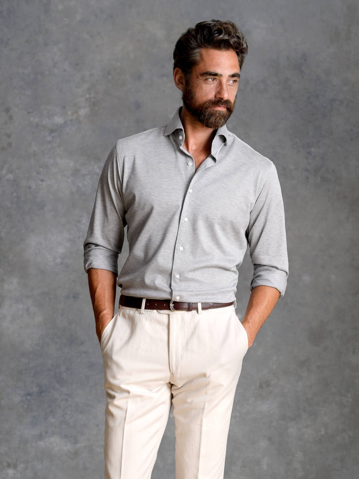 grey dress shirt with khakis Canclini Melange Grey Knit Pique Shirt by Proper Cloth