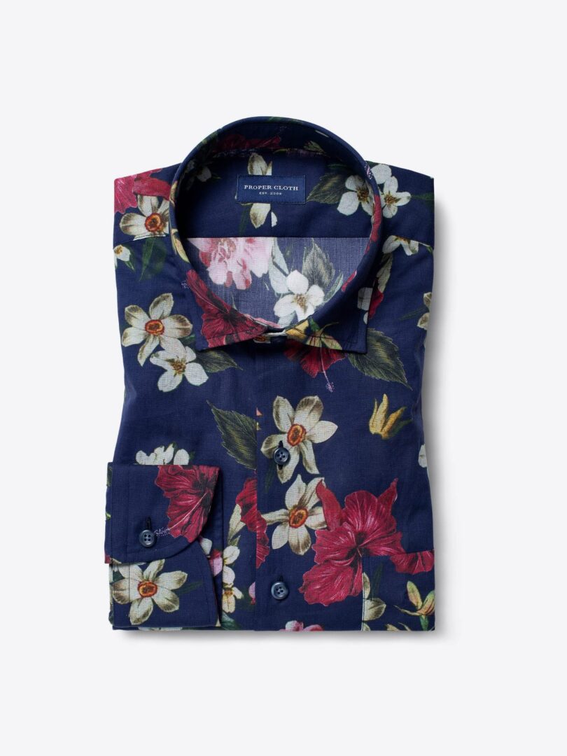 Albiate Navy Large Floral Print Fitted Dress Shirt 
