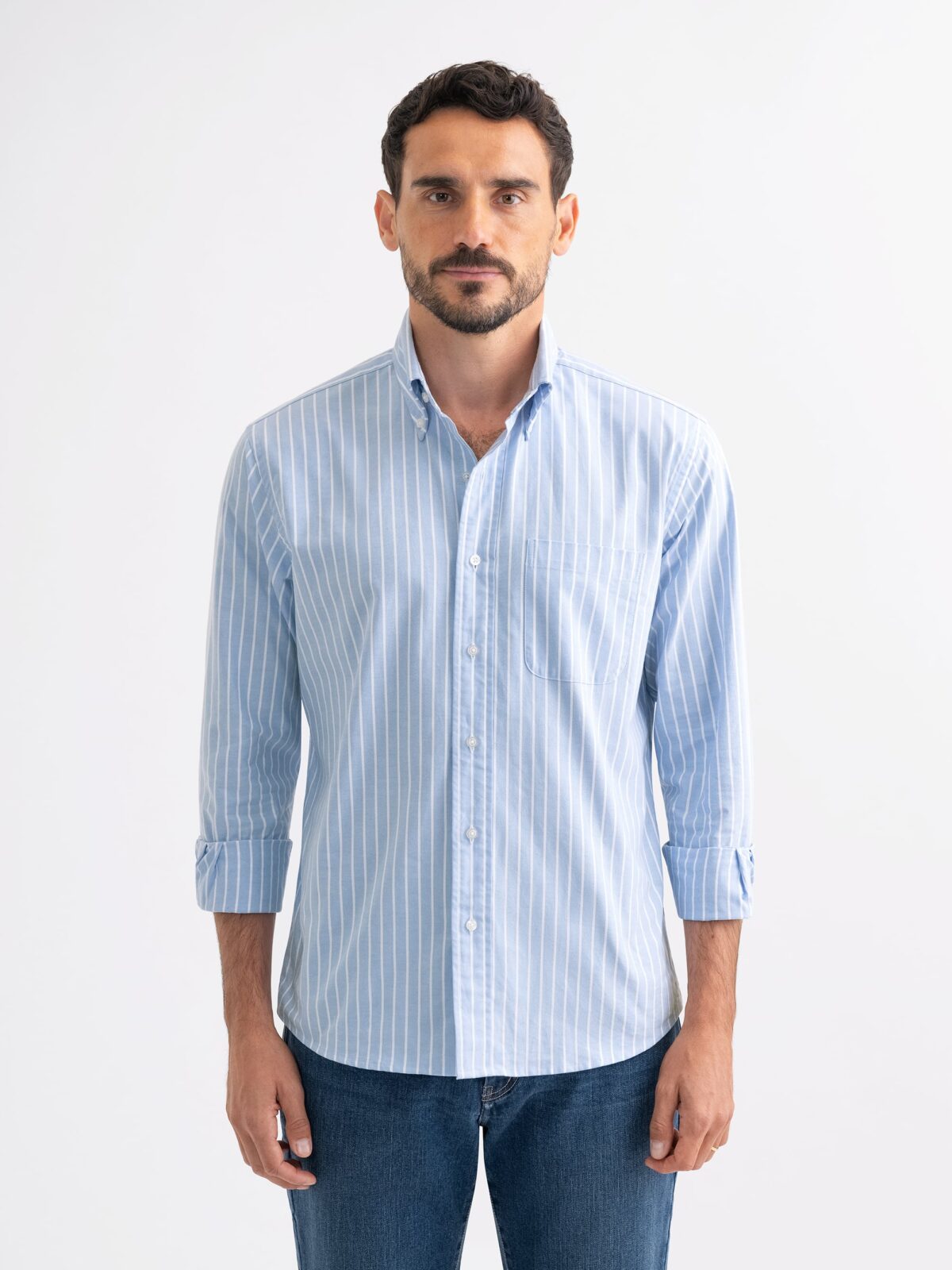 Blue Wide Stripe Oxford Cloth Custom Made Shirt Shirt by Proper Cloth