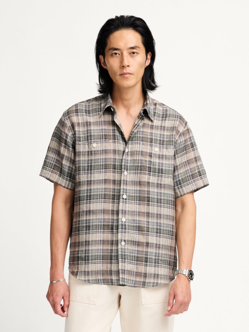 Albini Cocoa and Ivory Linen Madras Short Sleeve Utility Thumb Detail