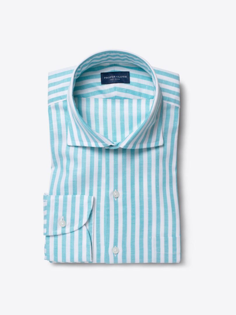 Thomas Mason Turquoise Bengal Stripe Cotton Linen Dobby Custom Made Shirt 
