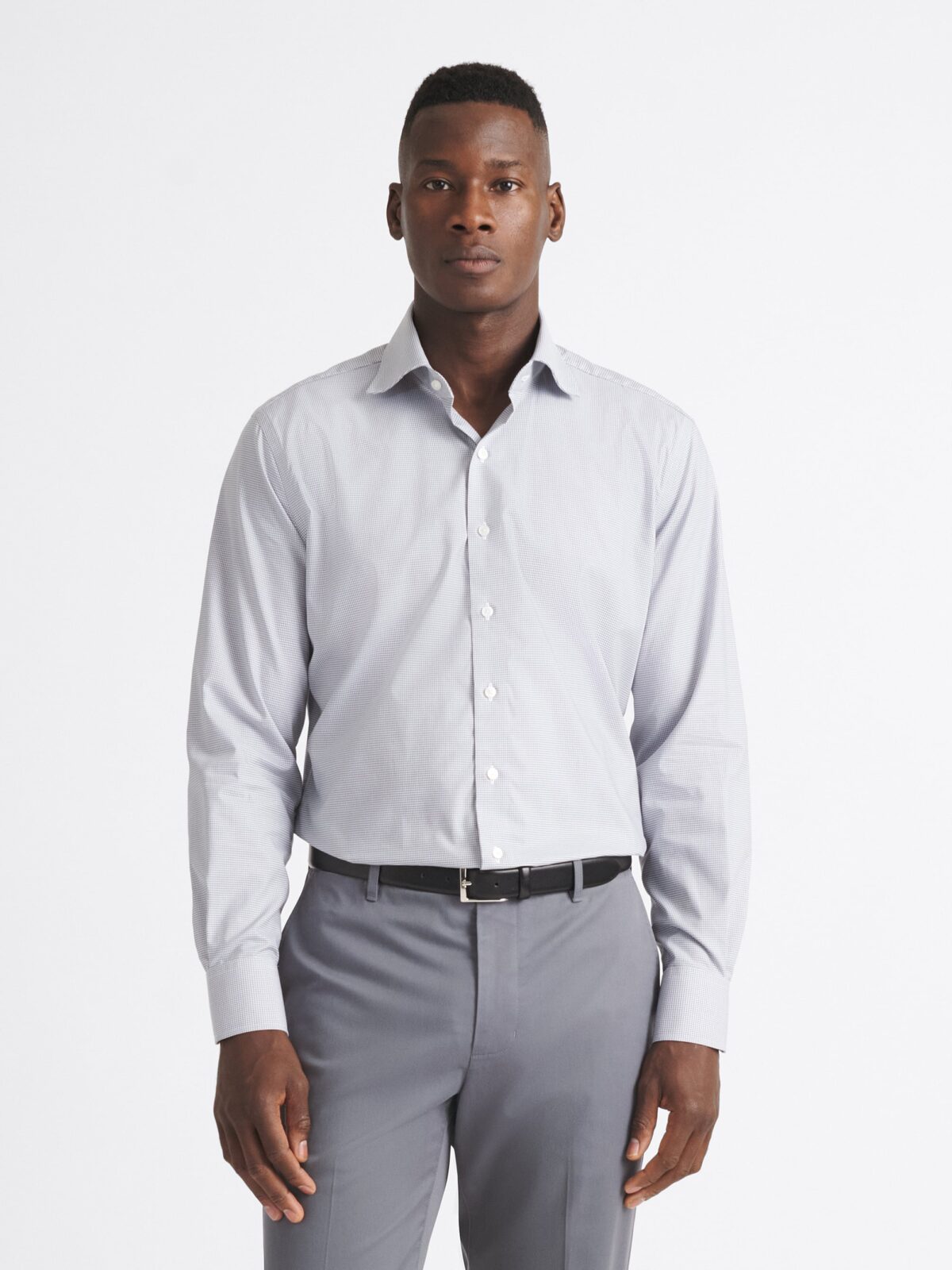 The Thomas Mason Wrinkle-Resistant Dress Shirt in Grey Mini Gingham