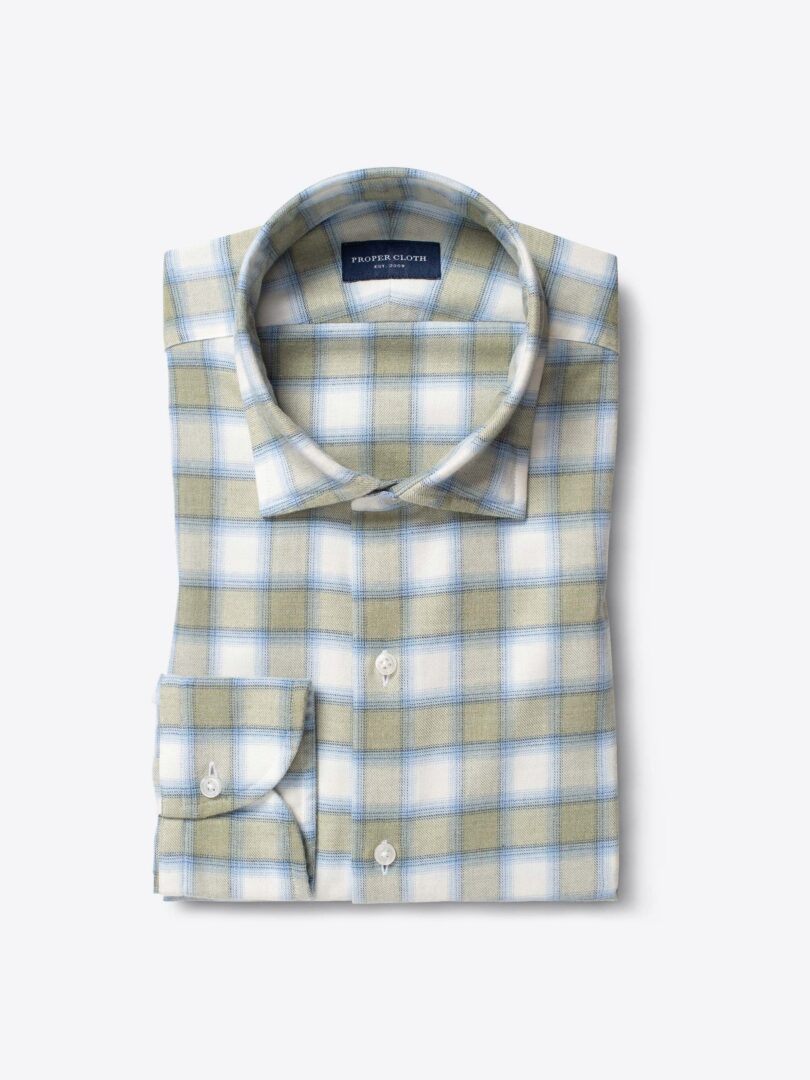 Portuguese Sage and Off White Plaid Flannel Custom Dress Shirt 