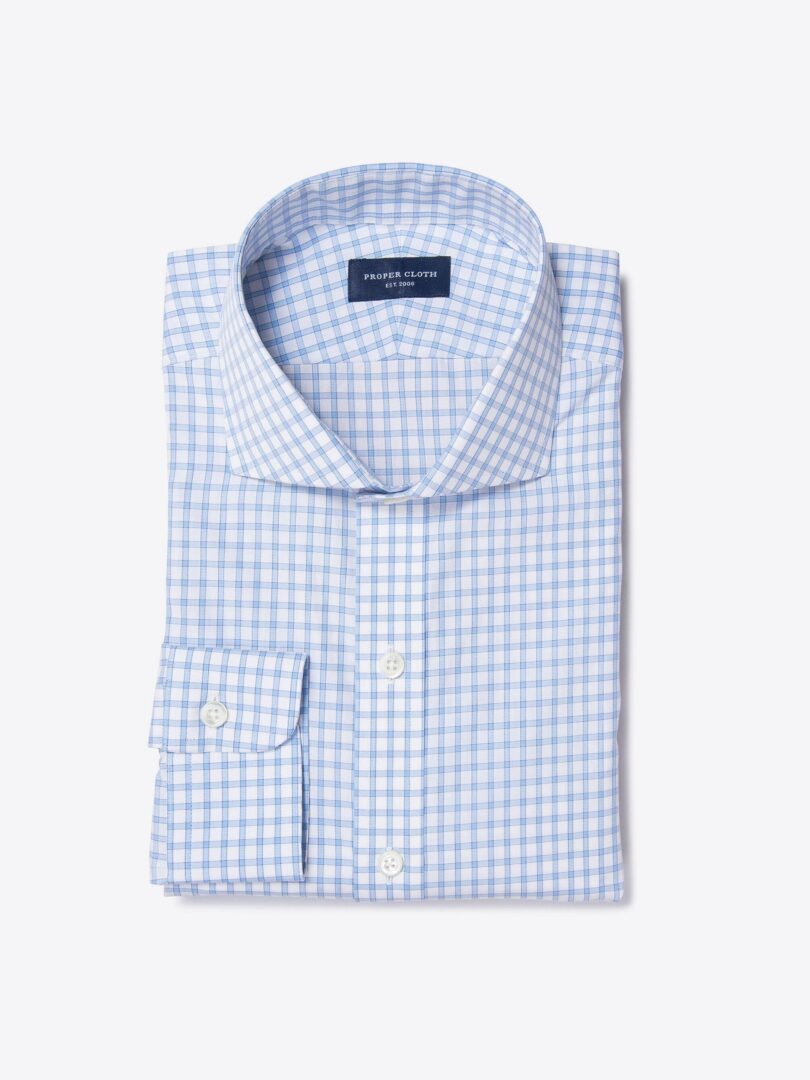 Thomas Mason Light Blue Border Grid Fitted Shirt 