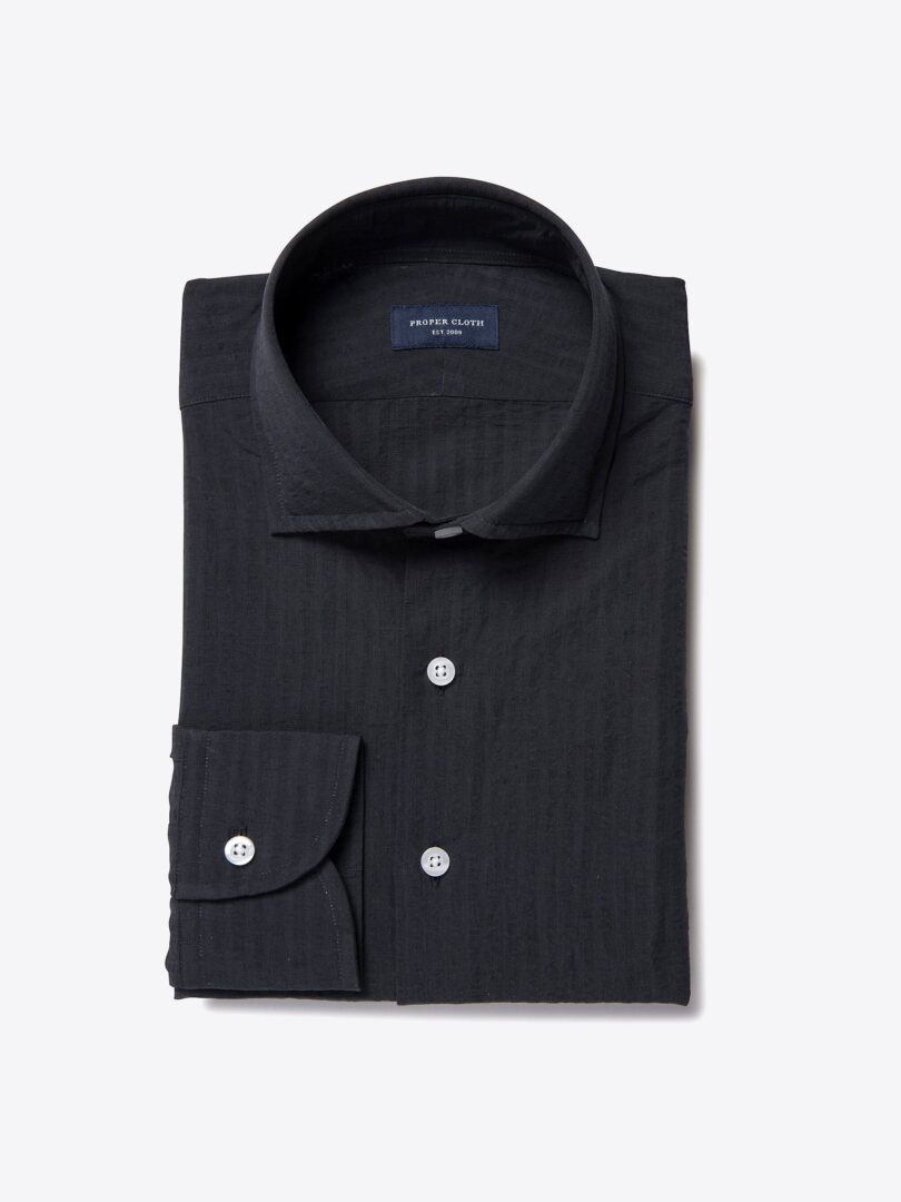 Albini Black Cotton Linen Seersucker Tailor Made Shirt 