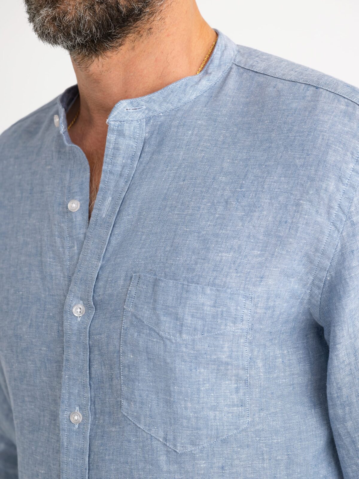 The Washed Linen Band Collar Shirt in Blue Chambray