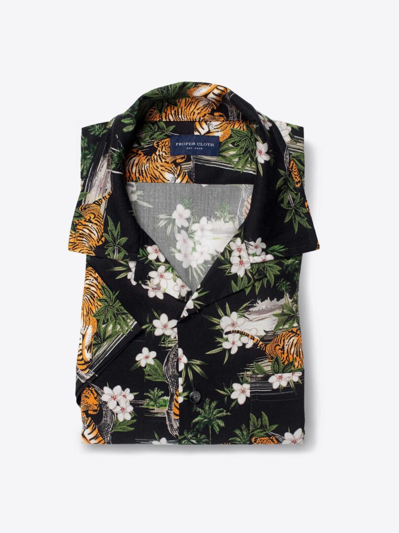 Black Tiger Print Viscose Short Sleeve Shirt