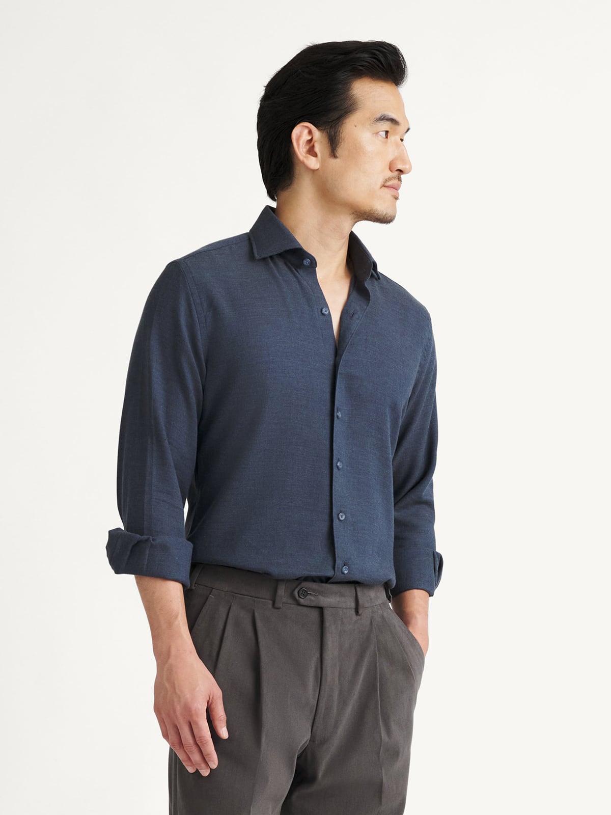 The Thomas Mason Cotton and Cashmere Dress Shirt in Navy