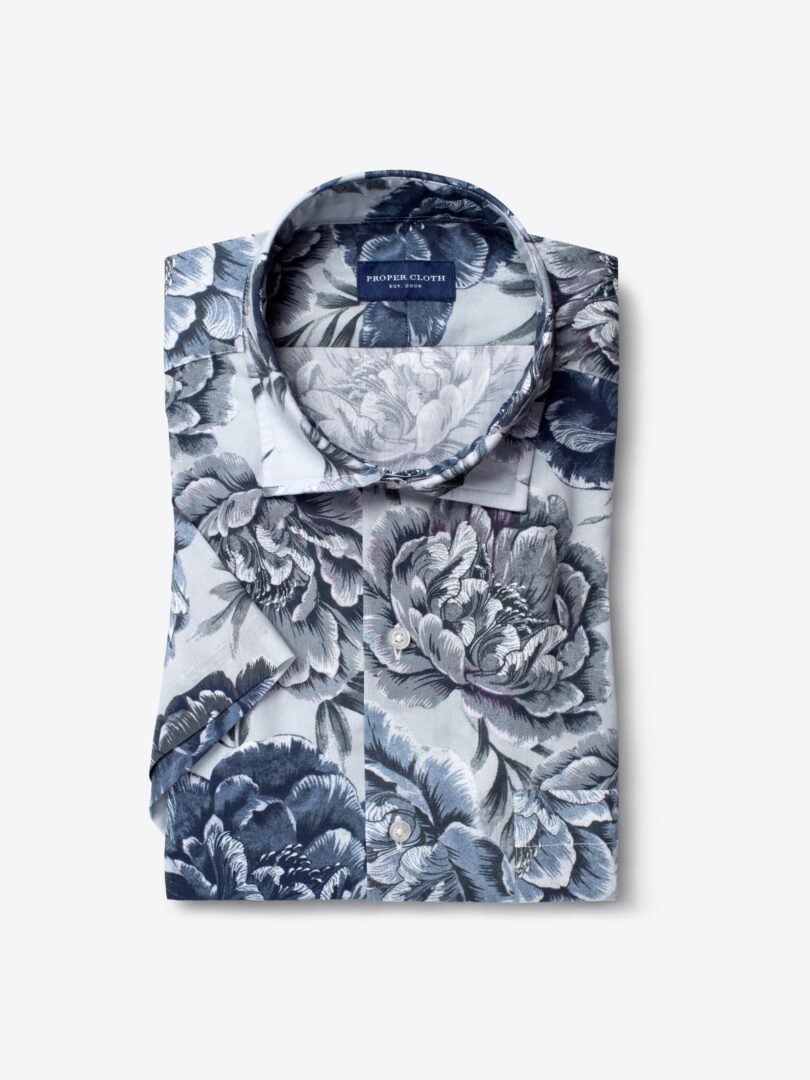 Albiate Blue and Grey Floral Print Short Sleeve Shirt