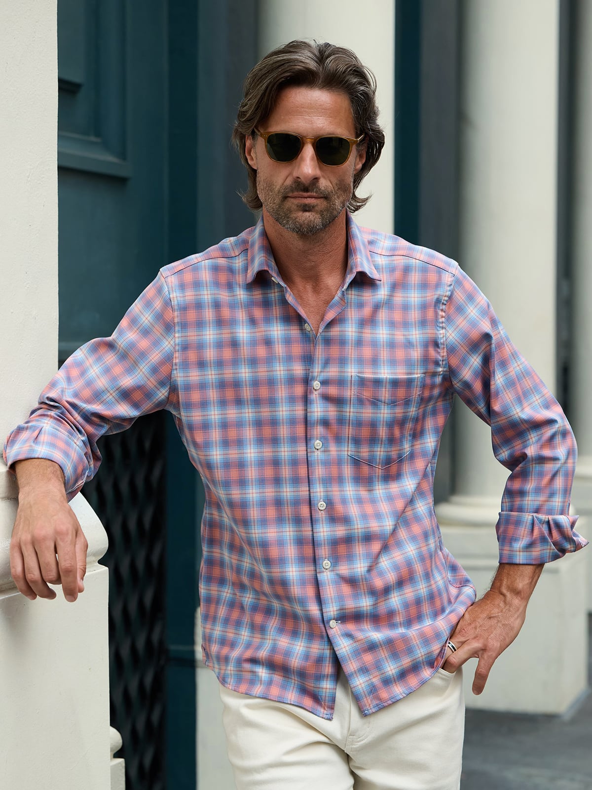 malibu dress shirt Proper Cloth Men's Malibu Rose Navy and Cream 4 Way Stretch Plaid Custom Dress Shirt
