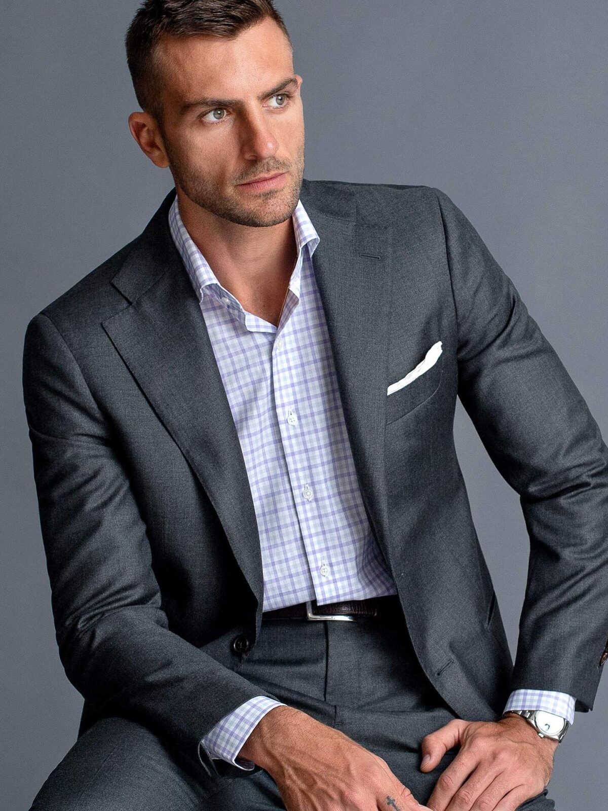 lavender dress shirt with grey suit Thomas Mason and End-on-End Check Custom Shirt by Proper Cloth TWP