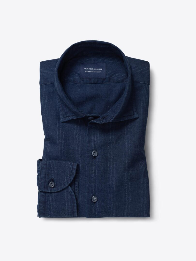 Albiate Washed Indigo Printed Stripe Flannel 