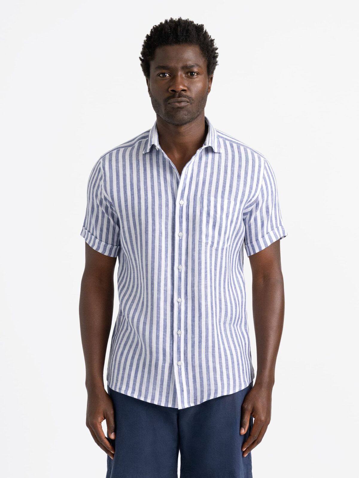 Baird McNutt Navy Irish Linen Wide Stripe Shirt by Proper Cloth