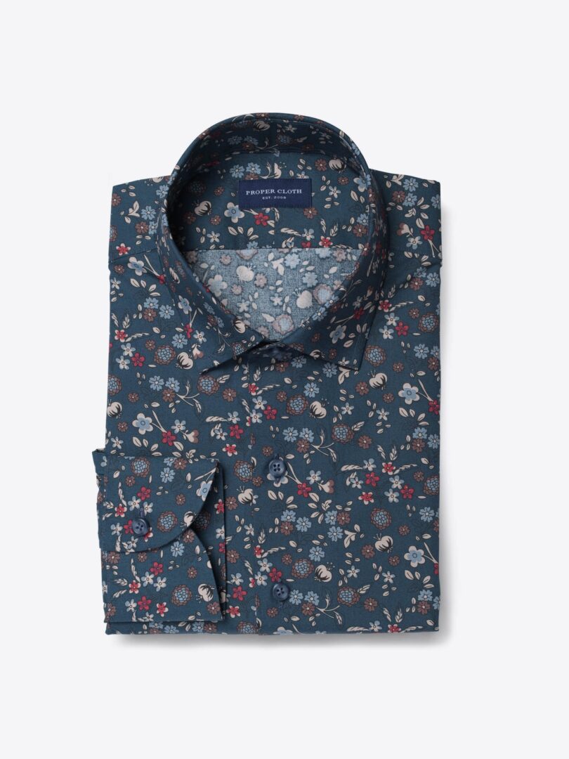 Slate Blue Red and Brown Floral Print 