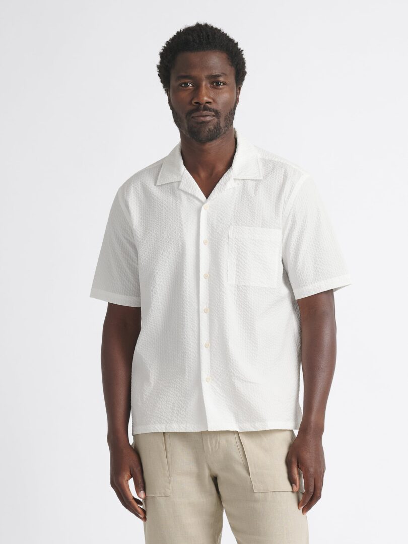 Albini White Wide Seersucker Camp Shirt Thumb Detail