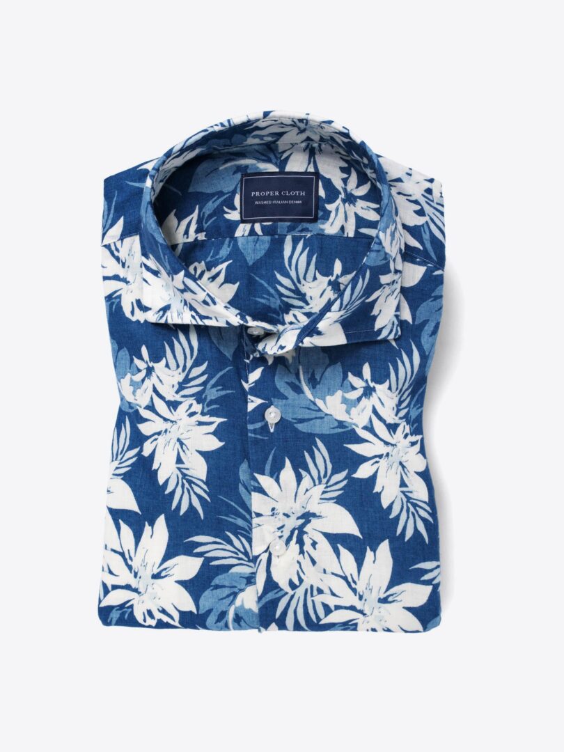 Japanese Washed Indigo Floral Print Dress Shirt 