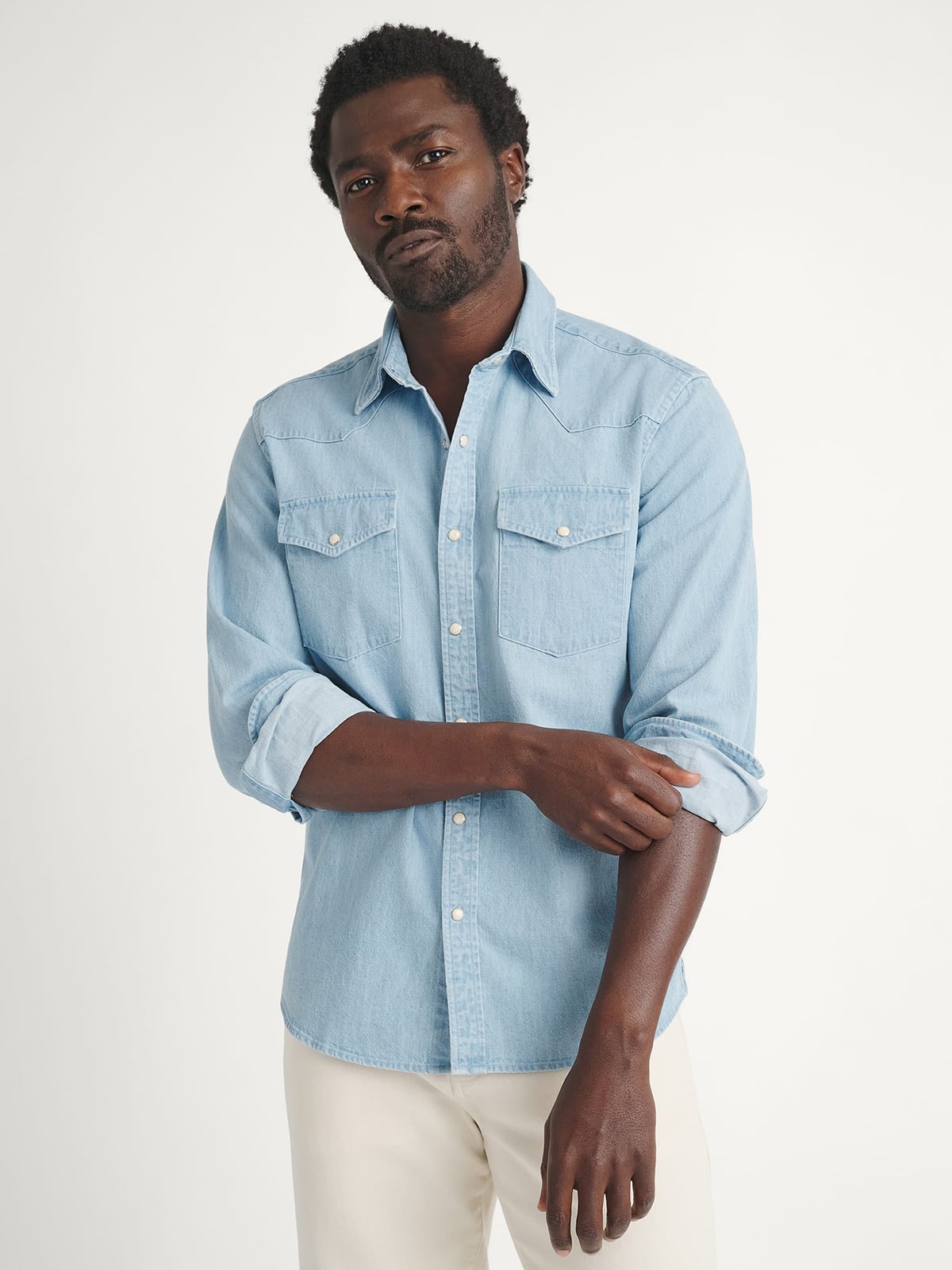 The Leadville Heavyweight Western Shirt in Light Wash Italian Denim