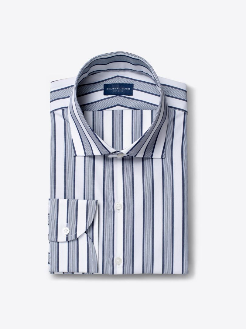 Stanton 120s Navy Wide Ticking Stripe Tailor Made Shirt 
