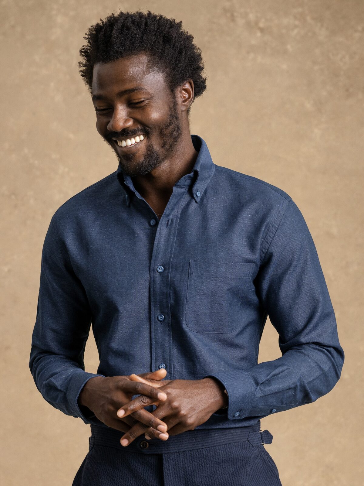 Navy Cotton Linen Oxford Button Down Shirt