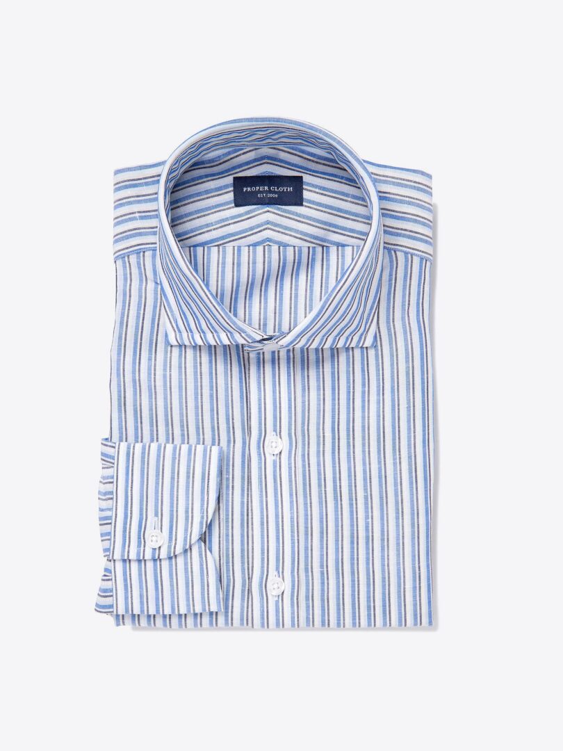 Light Blue Cotton and Linen Multi Stripe Custom Dress Shirt 