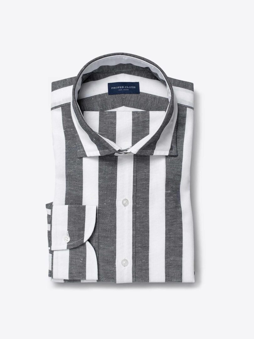 Portuguese Black Extra Wide Stripe Cotton Linen Oxford Dress Shirt 