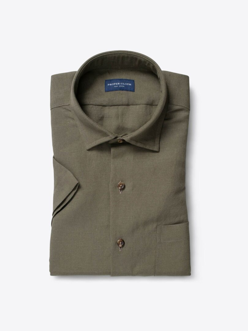 Japanese Washed Olive Linen Rayon Blend Short Sleeve Shirt