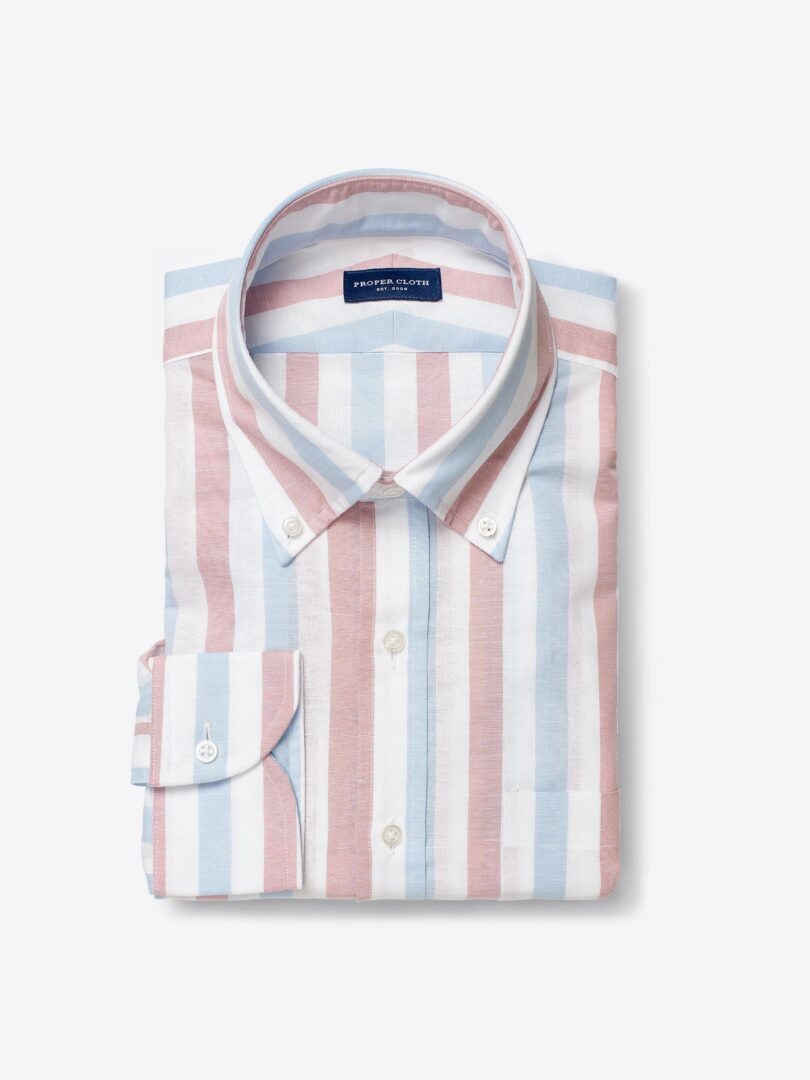 Portuguese Red and Light Blue Wide Stripe Cotton Linen Oxford Tailor Made Shirt 