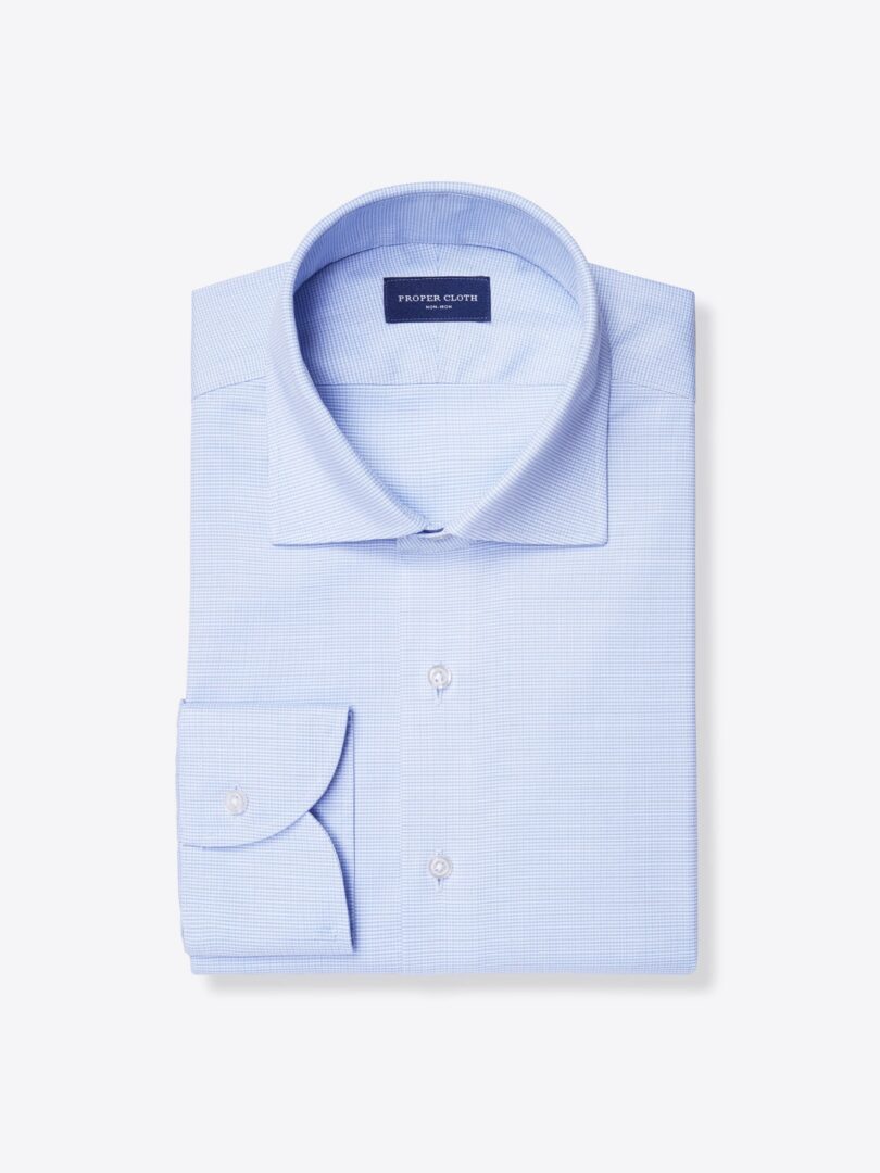 Non-Iron Stretch Light Blue Cotton and Lyocell Small Check 