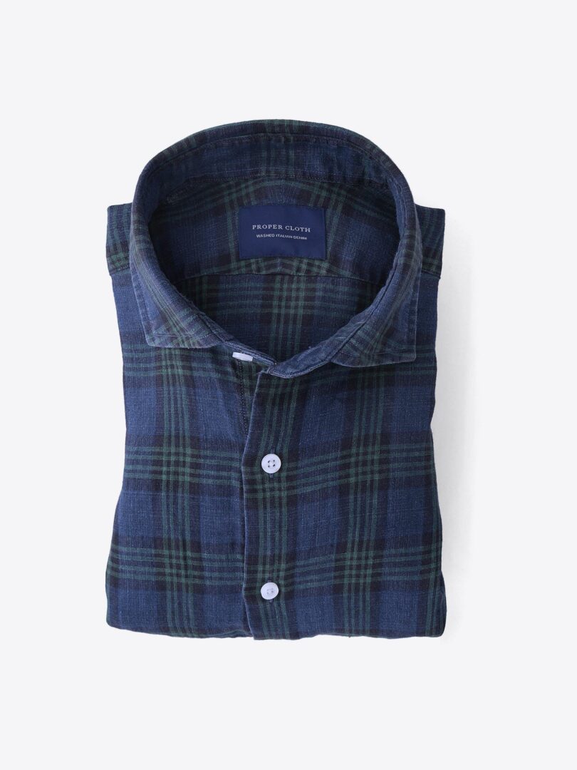 Albiate Indigo Blackwatch Linen Fitted Dress Shirt 