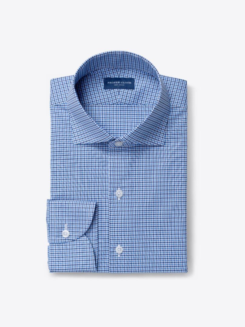 Miles Light Blue and Navy 120s Small Gingham 