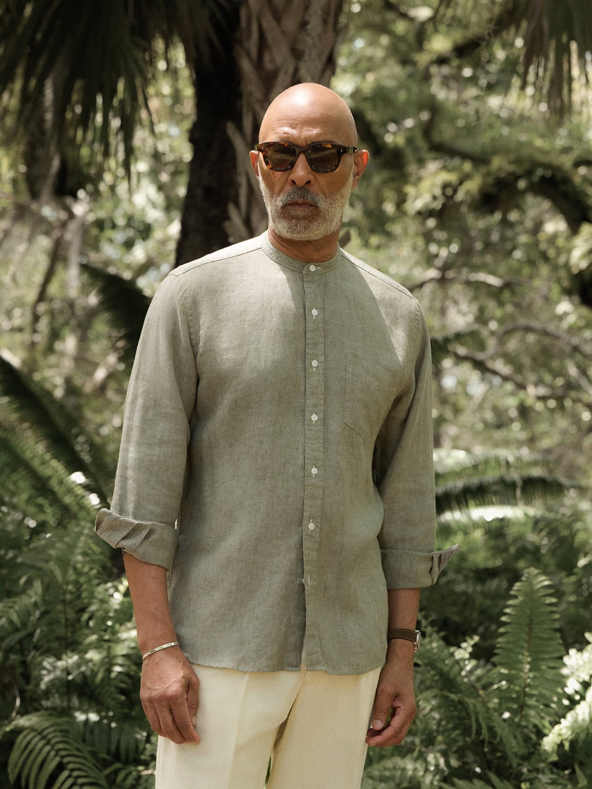 Proper Cloth Men's Sage Washed Linen Band Collar Shirt - Green, Size: 20, Big, Tall, 100% Linen