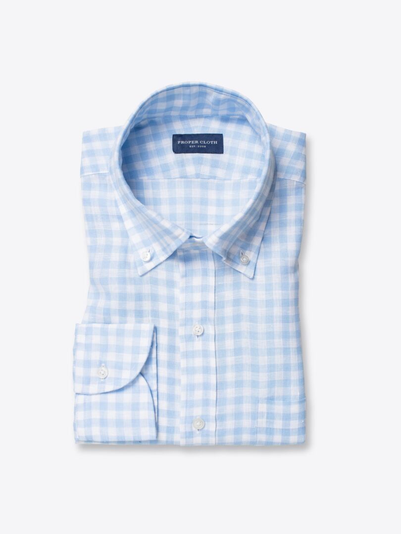 Light Blue Gingham Linen Dress Shirt 