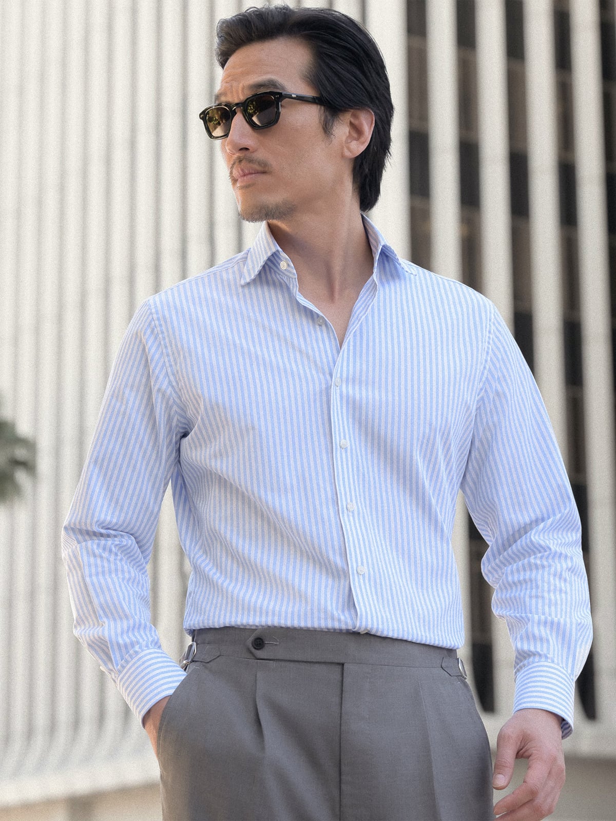 The Stanton Broadcloth Dress Shirt in Light Blue Wide Bengal Stripe