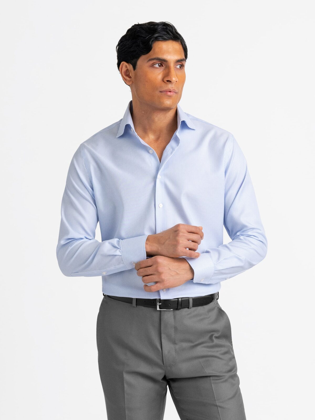 The Thomas Mason Wrinkle-Resistant Shirt in Light Blue Stripe
