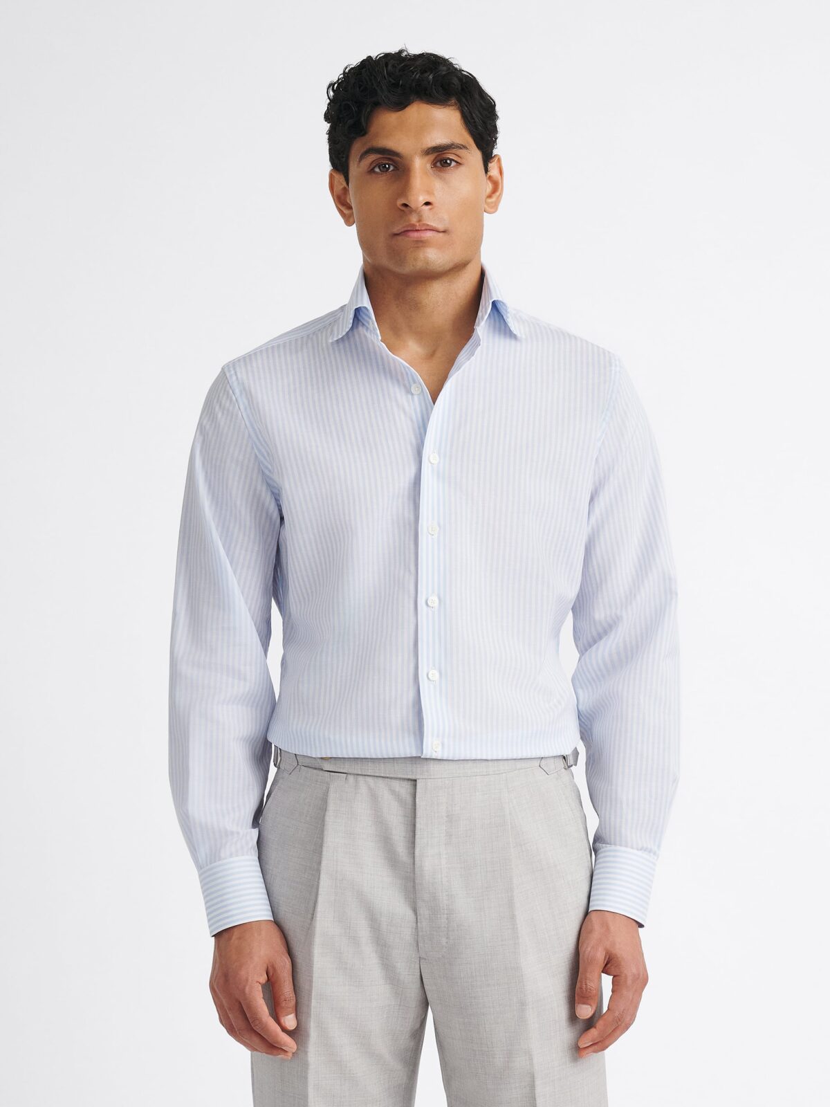 The Thomas Mason Linen Blend Dress Shirt in Light Blue Stripe