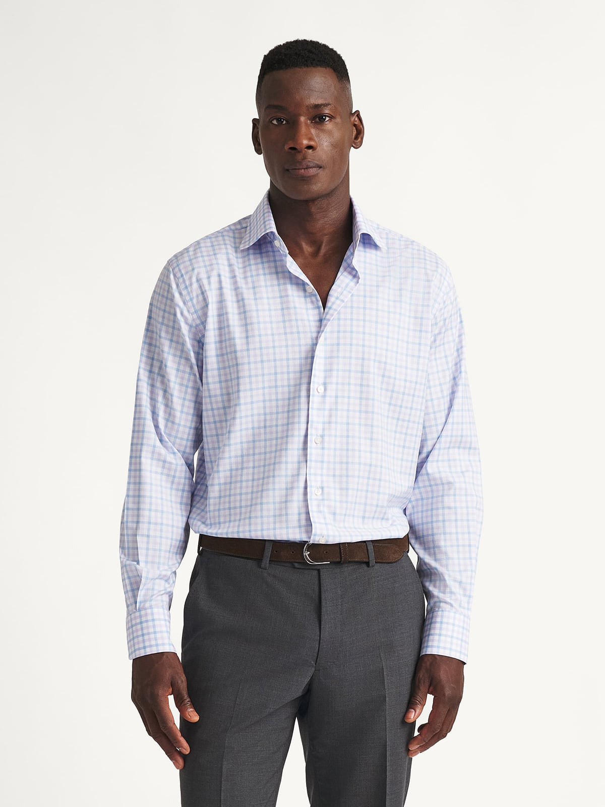 Non-Iron Stretch Supima Blue and Lilac Multi Check Shirt by Proper